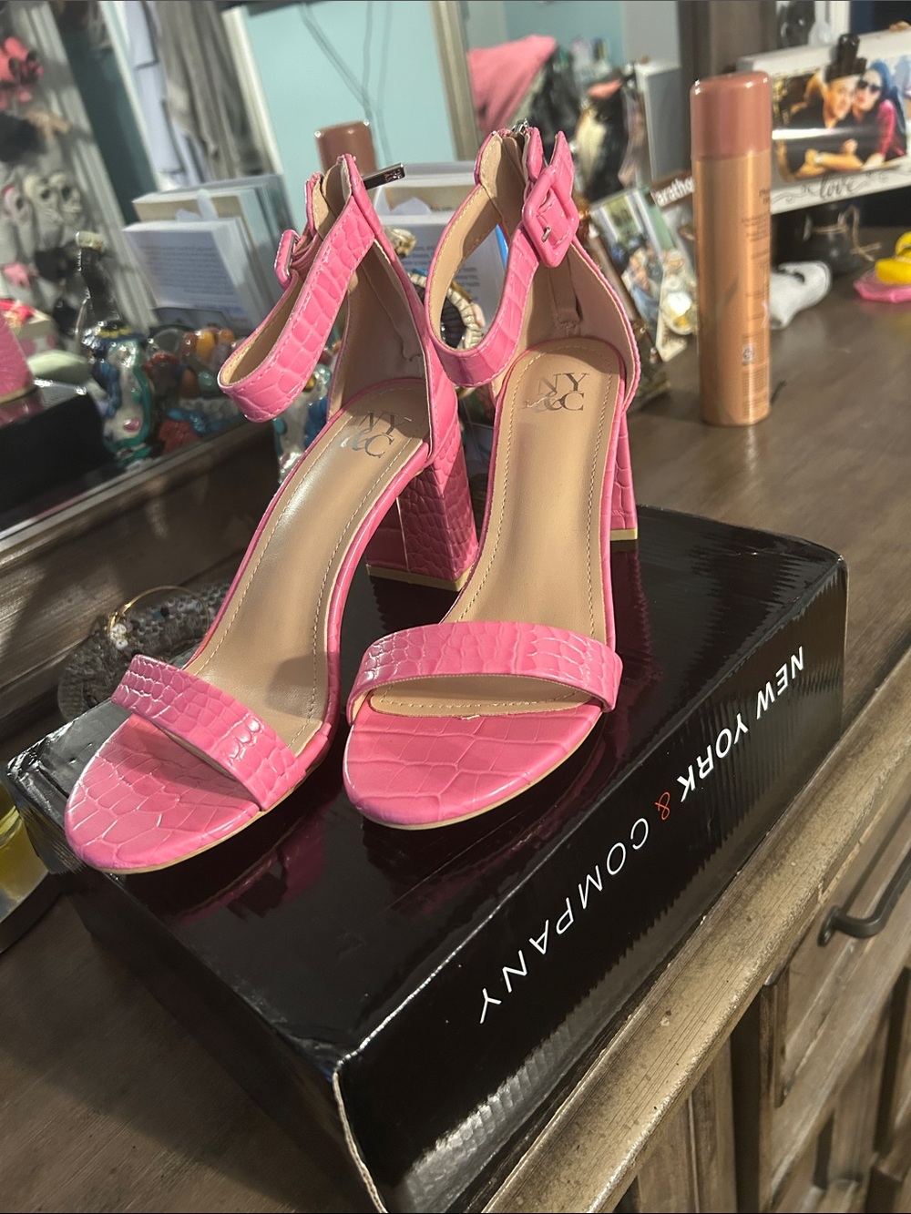 NY & Co Pink Croc-Embossed Block Heel Sandals